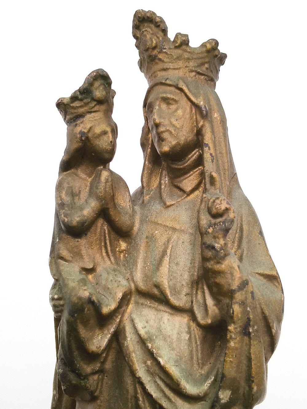Antique French Spelter St. Anne de Beaupré & Child Mary Statue With Gothic Base